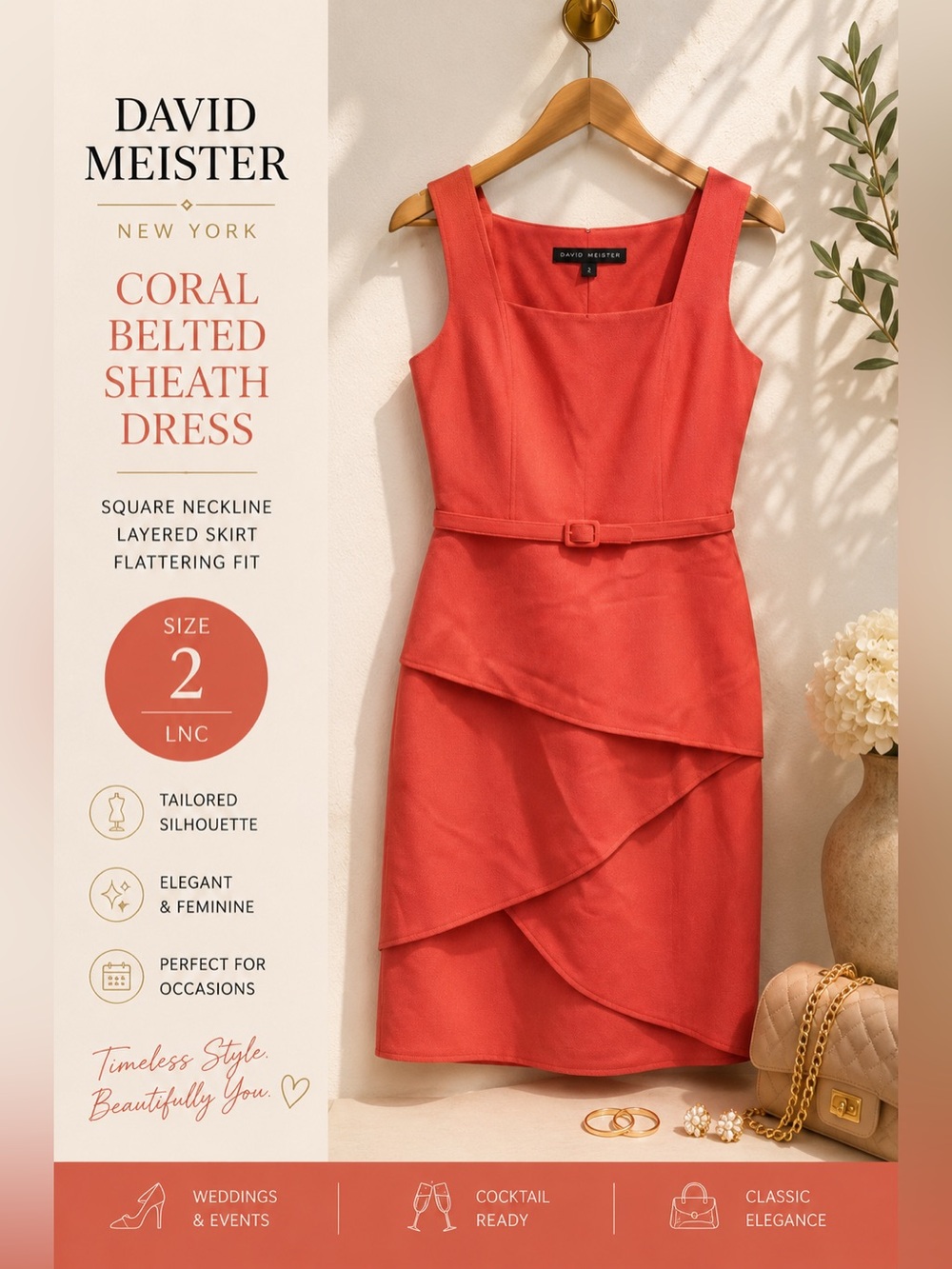 David Meister Coral Belted Sheath Dress Size 2